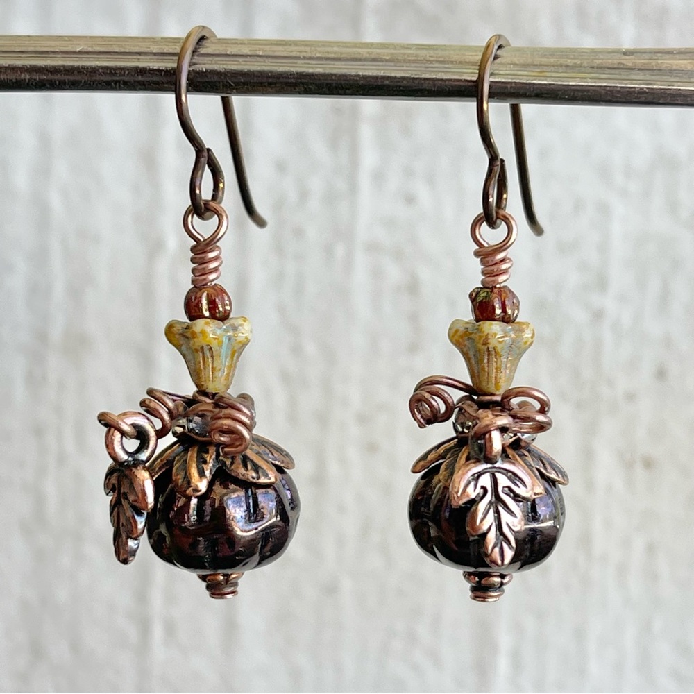 Hand Crafted “Midnight Pumpkin” Dangle Earrings - Picture 6 of 12